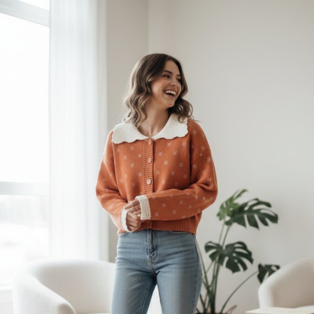 Jacqui E Rust Orange Button-Up Cardigan with Cream Collar